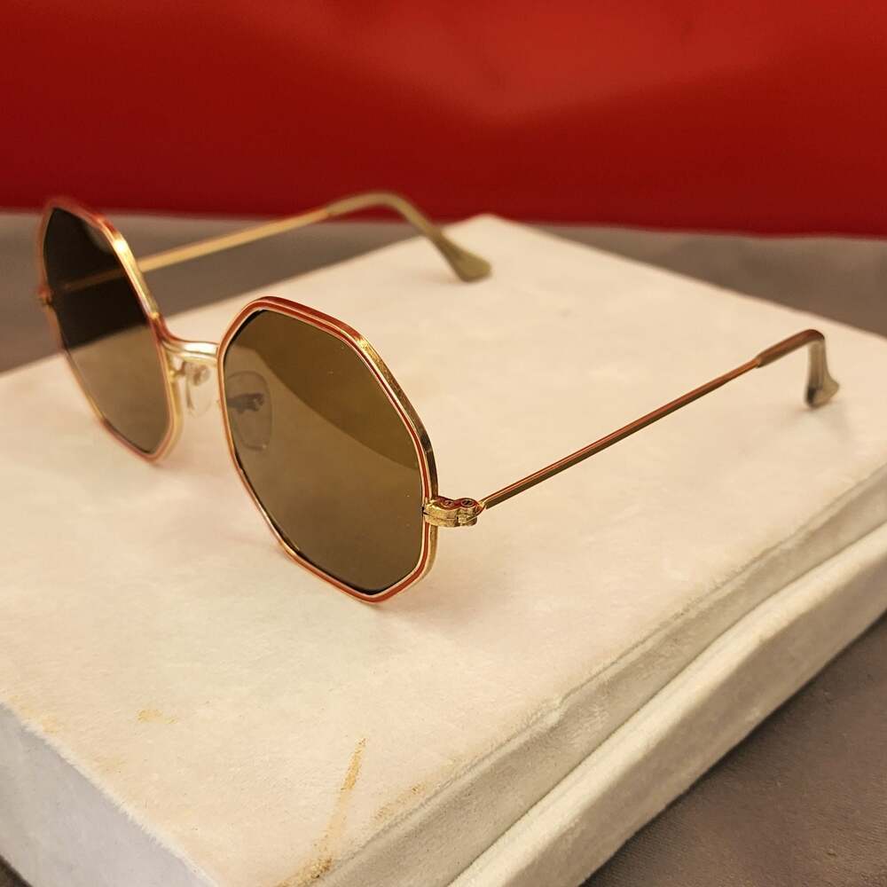 Vintage Octagon Gold Metal Frame Sunglasses with Red Trim and Brown Lenses